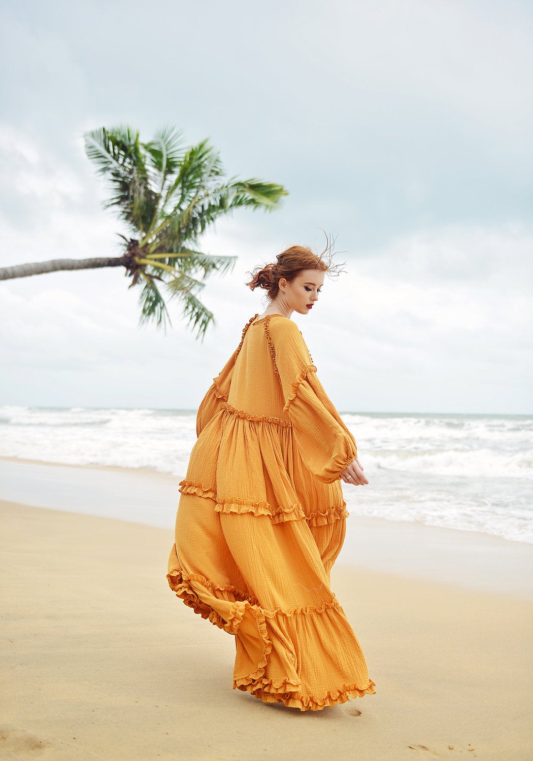 Maxi Cotton Dress - Long Sleeves Gauze Cotton Dress - Gauze Beach Dress