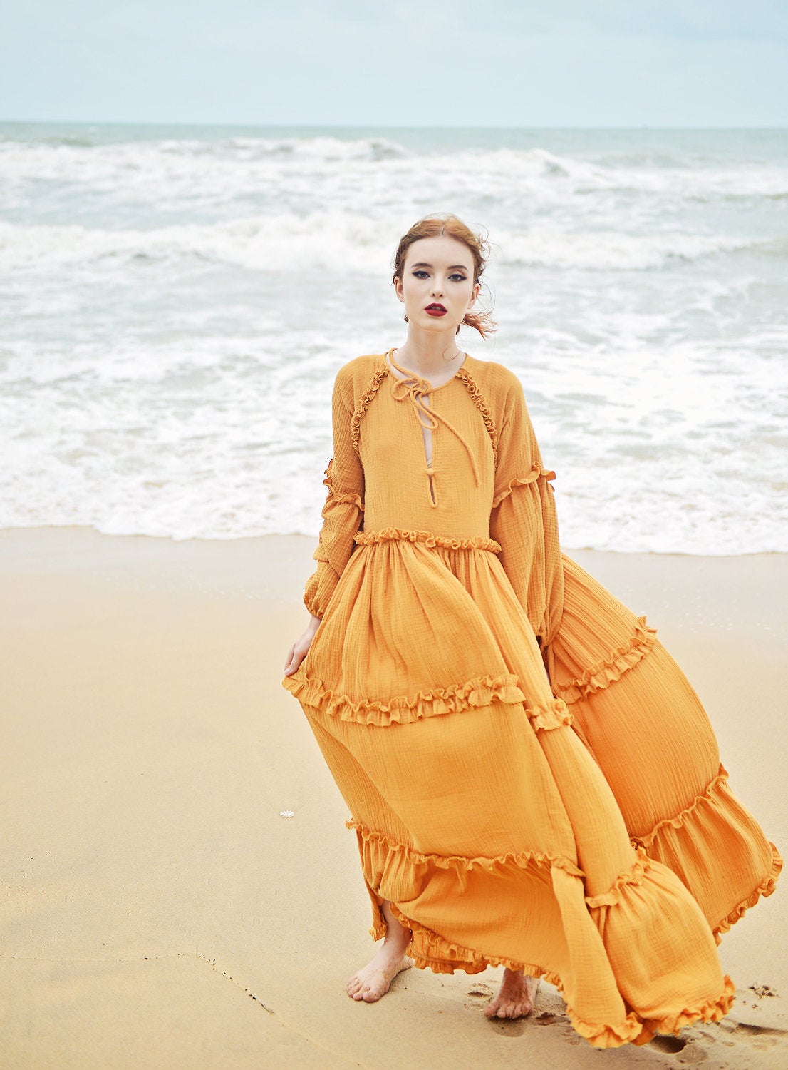 Maxi Cotton Dress - Long Sleeves Gauze Cotton Dress - Gauze Beach Dress