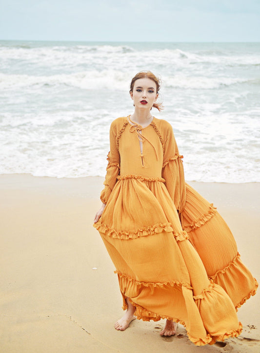 Maxi Cotton Dress - Long Sleeves Gauze Cotton Dress - Gauze Beach Dress