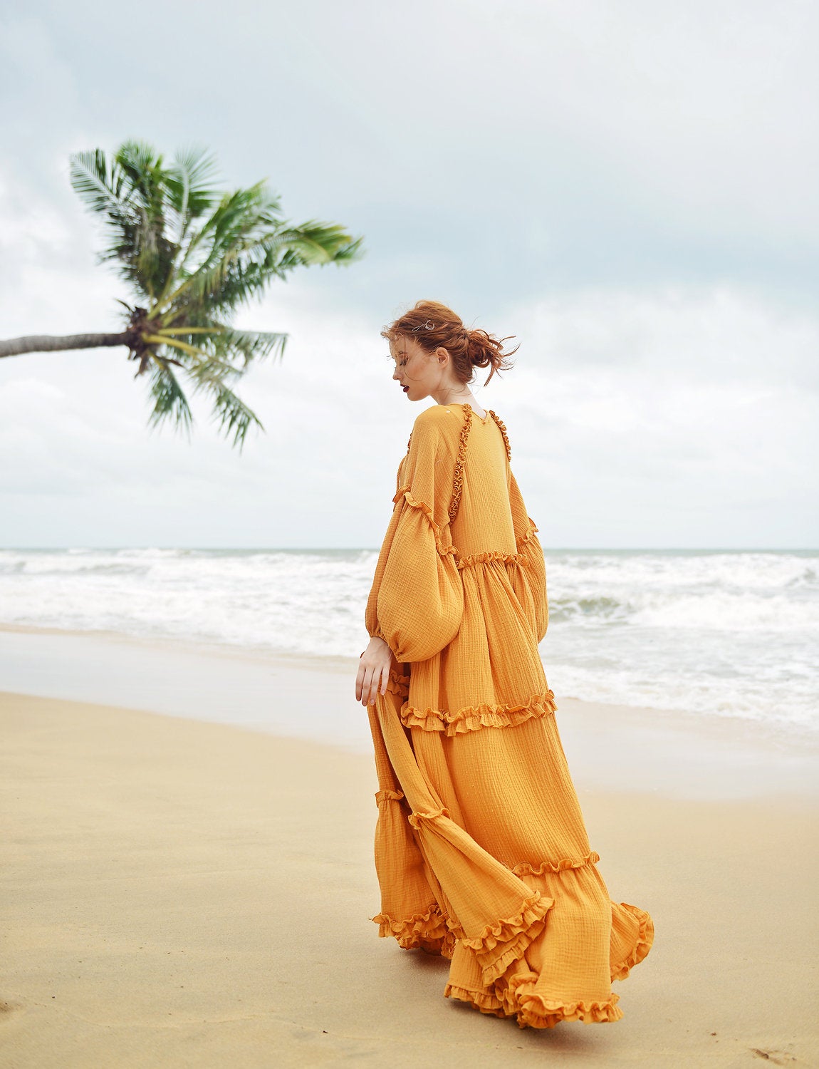 Maxi Cotton Dress - Long Sleeves Gauze Cotton Dress - Gauze Beach Dress