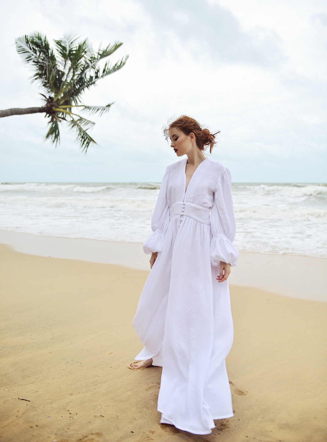 White Cotton Long Dress - Balloon Sleeves Cotton Dress - Gauze Cotton Dress - Maxi Cotton Bridesmaids Dress