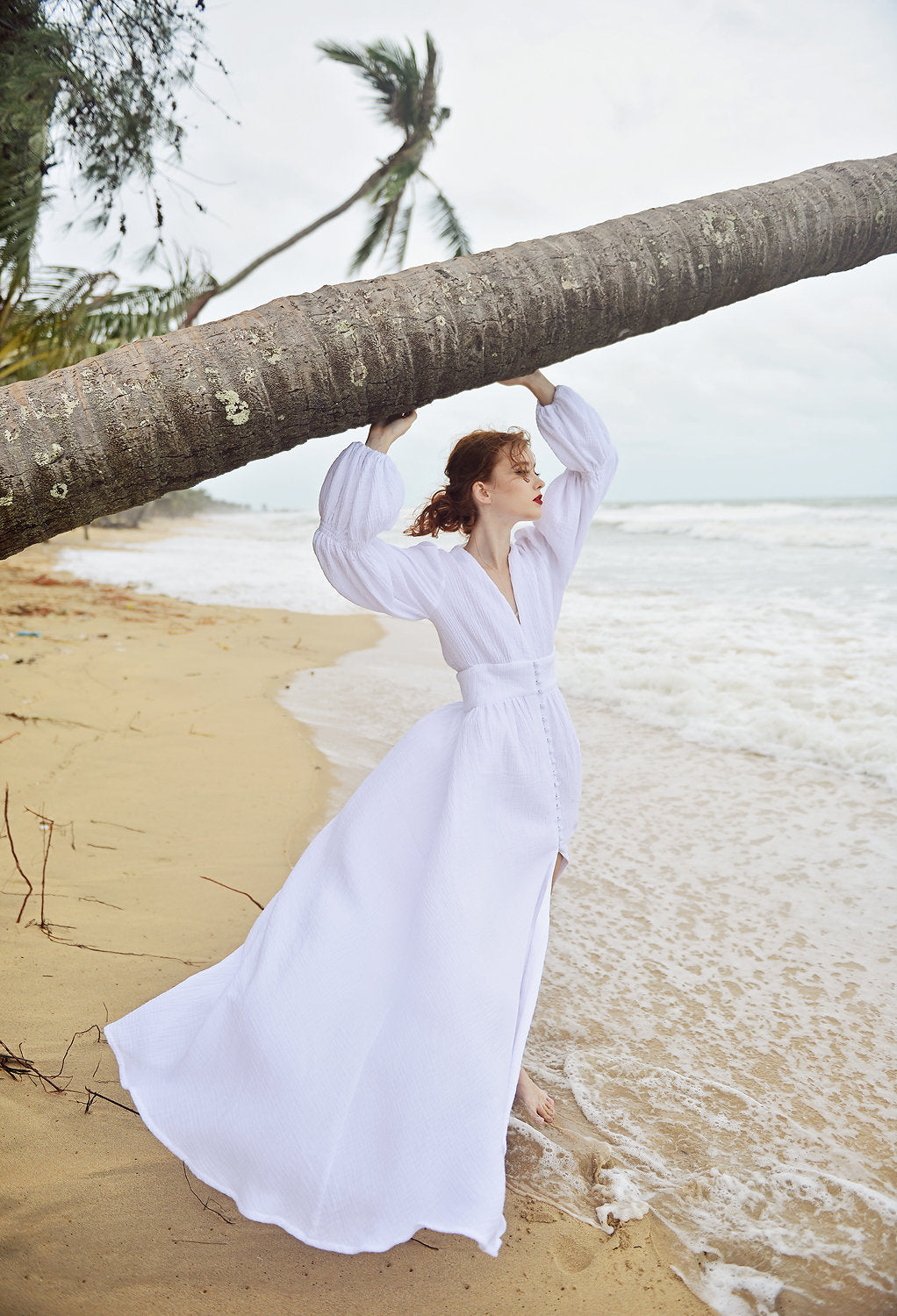 White Cotton Long Dress - Balloon Sleeves Cotton Dress - Gauze Cotton Dress - Maxi Cotton Bridesmaids Dress