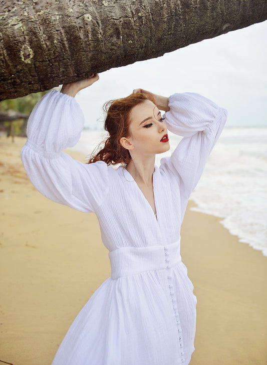 White Cotton Long Dress - Balloon Sleeves Cotton Dress - Gauze Cotton Dress - Maxi Cotton Bridesmaids Dress
