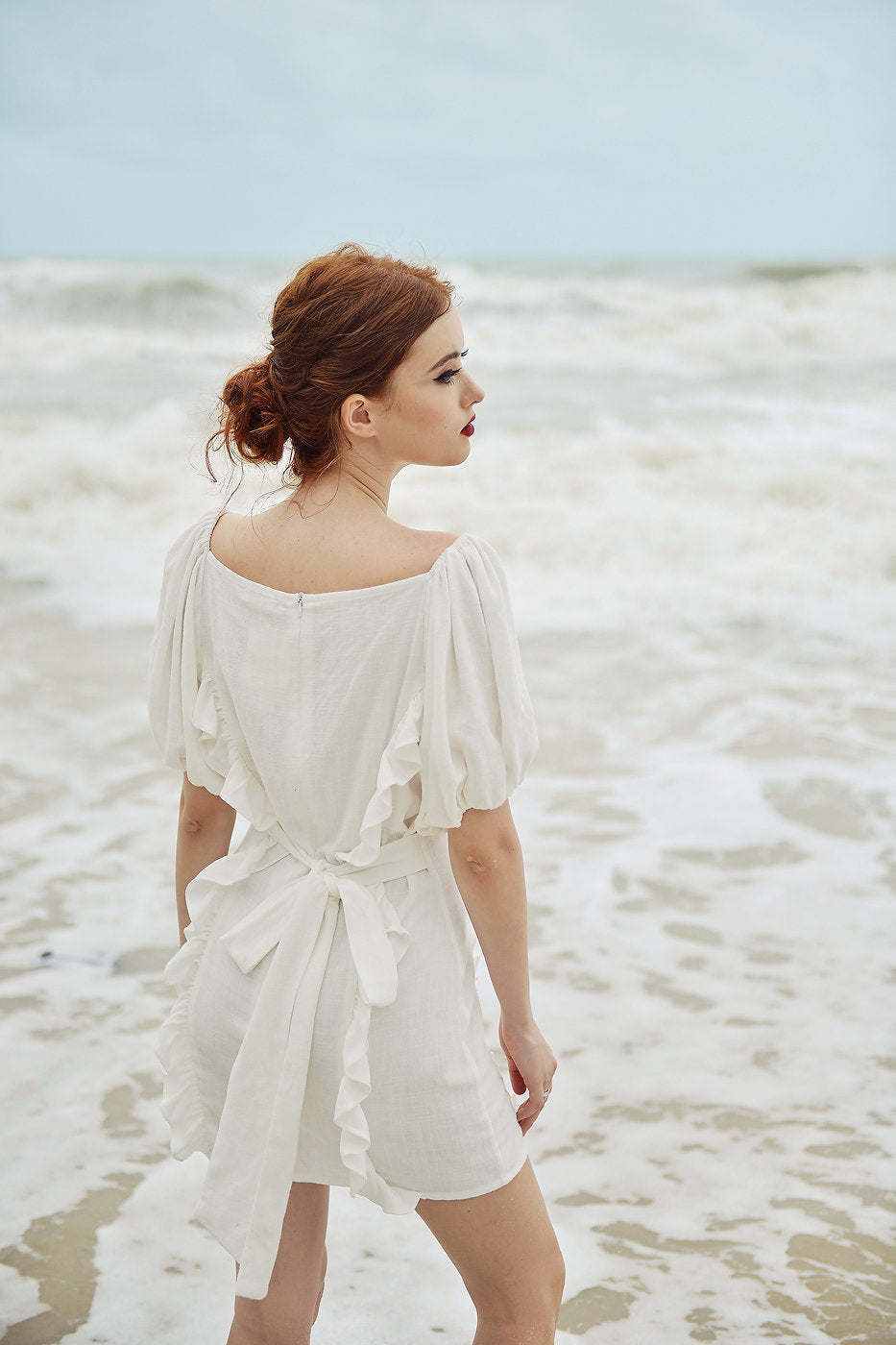 Linen Dress Short - Deep Vneck Mini Dress - Mini Dress Frills - Puff Sleeves