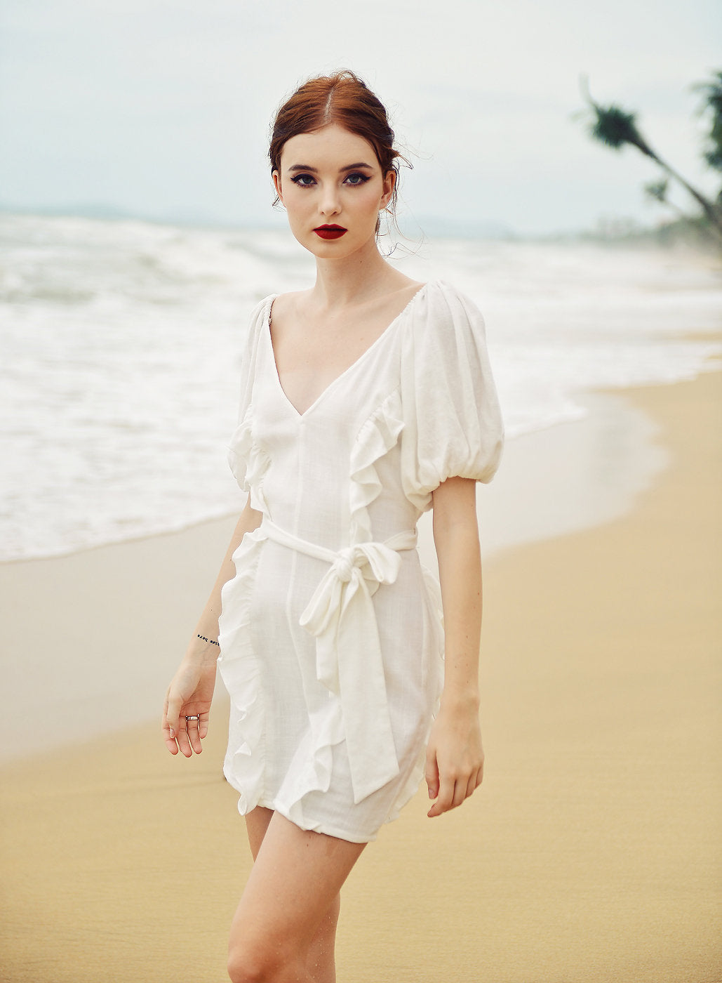 Linen Dress Short - Deep Vneck Mini Dress - Mini Dress Frills - Puff Sleeves