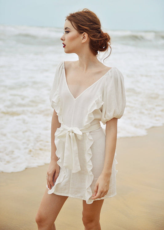Linen Dress Short - Deep Vneck Mini Dress - Mini Dress Frills - Puff Sleeves