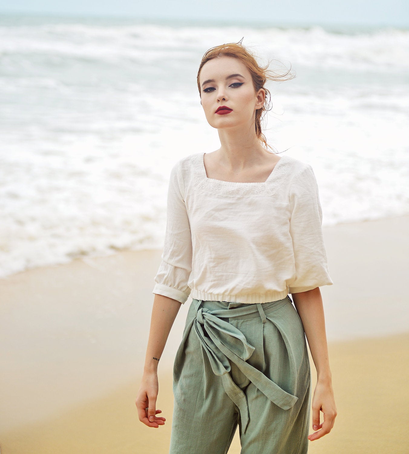 Cotton Crop Top Women - Lace Embroidered at Neckline - Linen Top Women - Cotton Top Sleeves - Natural Fabric