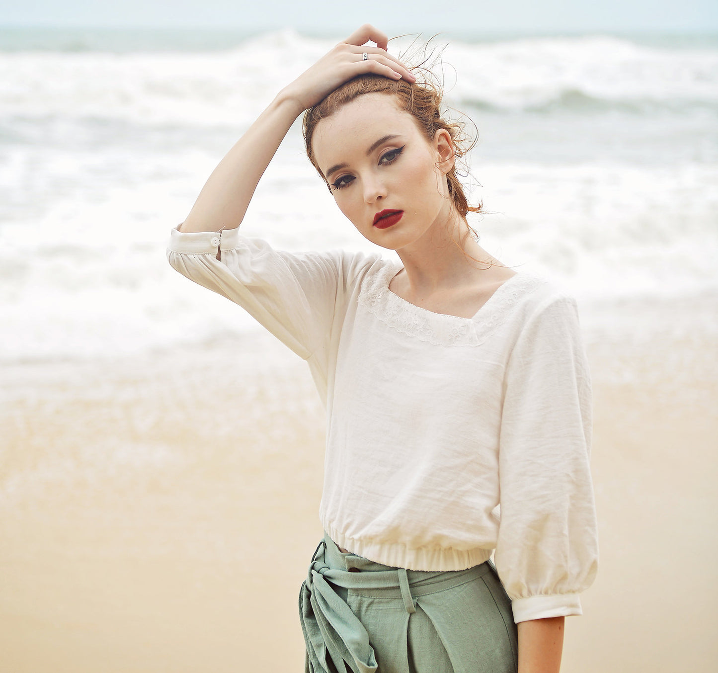 Cotton Crop Top Women - Lace Embroidered at Neckline - Linen Top Women - Cotton Top Sleeves - Natural Fabric