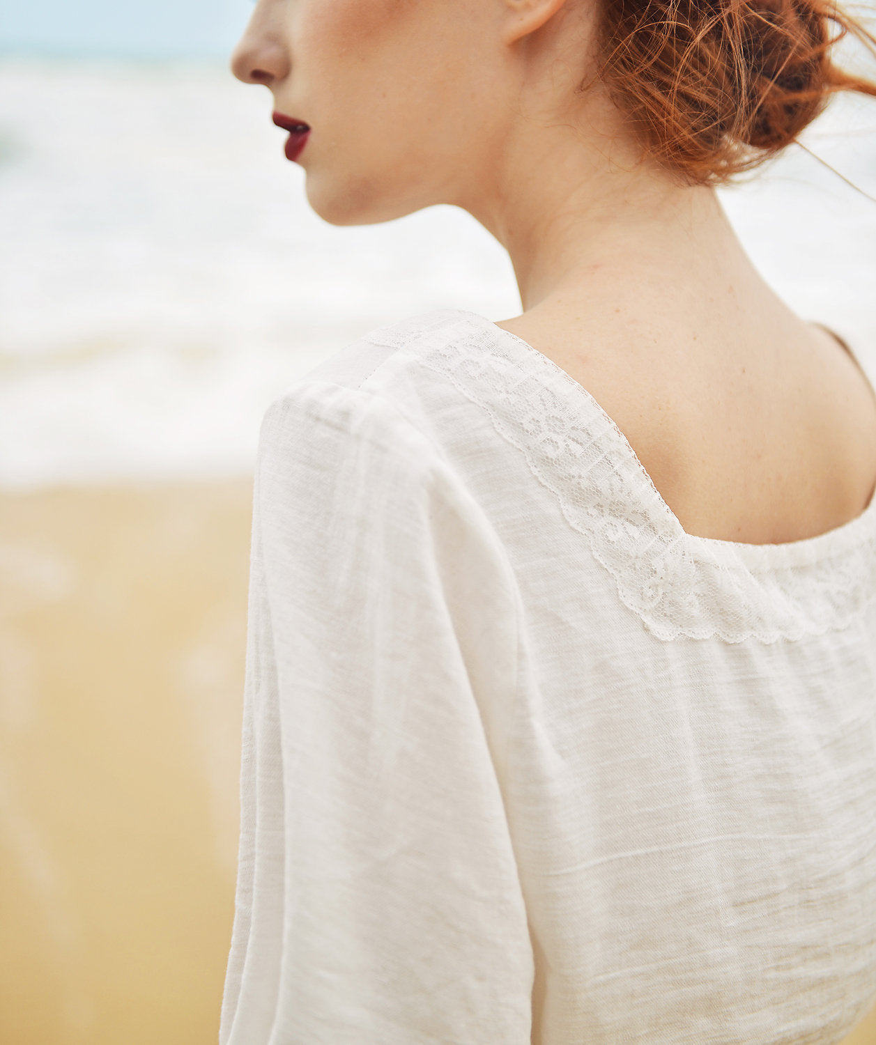 Cotton Crop Top Women - Lace Embroidered at Neckline - Linen Top Women - Cotton Top Sleeves - Natural Fabric