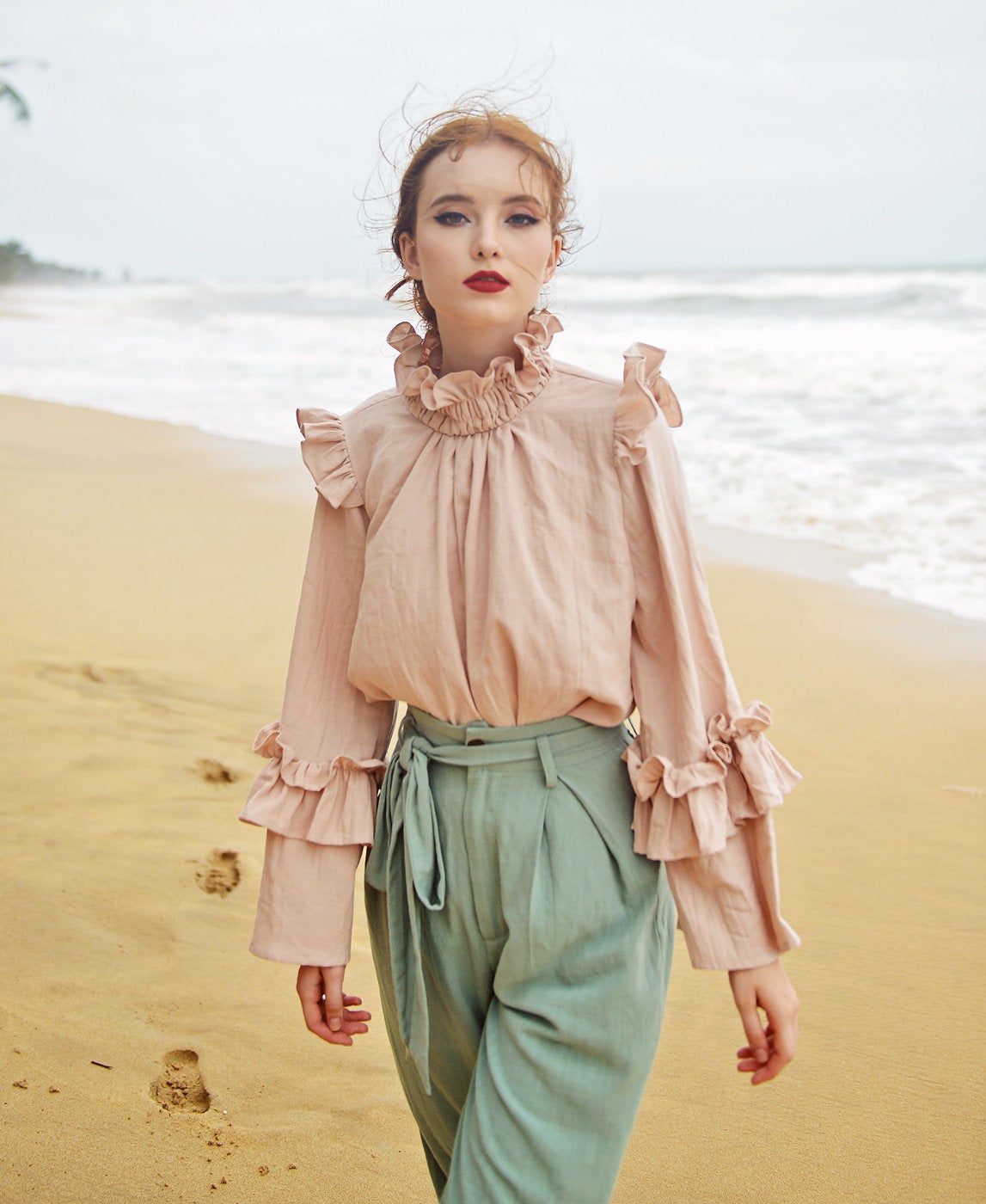 Cotton Blouse Women - Long Sleeves Winter Blouse - Linen Cotton Top Women - Unique Victorian Design - Vintage Style Blouse