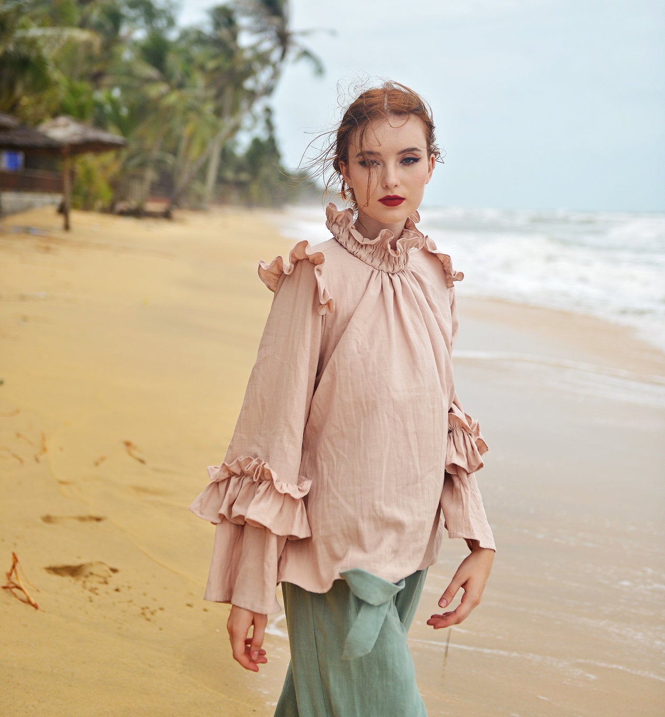 Cotton Blouse Women - Long Sleeves Winter Blouse - Linen Cotton Top Women - Unique Victorian Design - Vintage Style Blouse