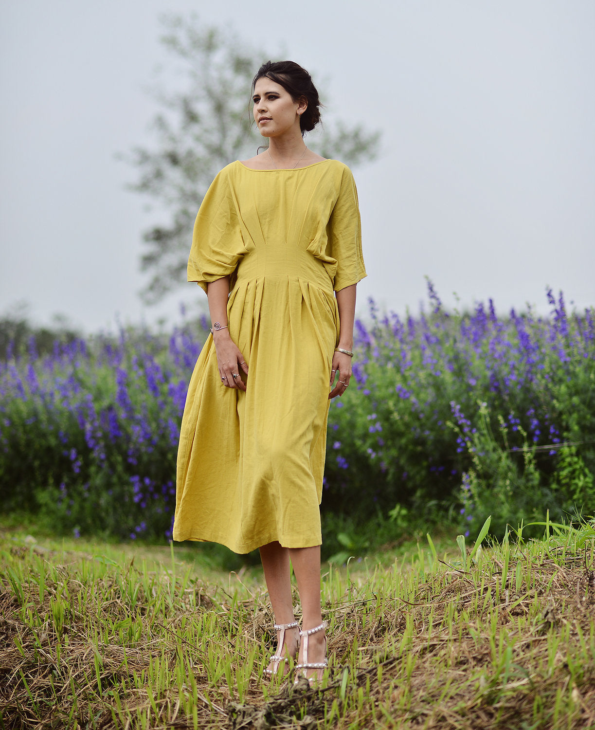 Linen Dress - Cotton Summer Dress - Women Midi Dress - Pleated Dress