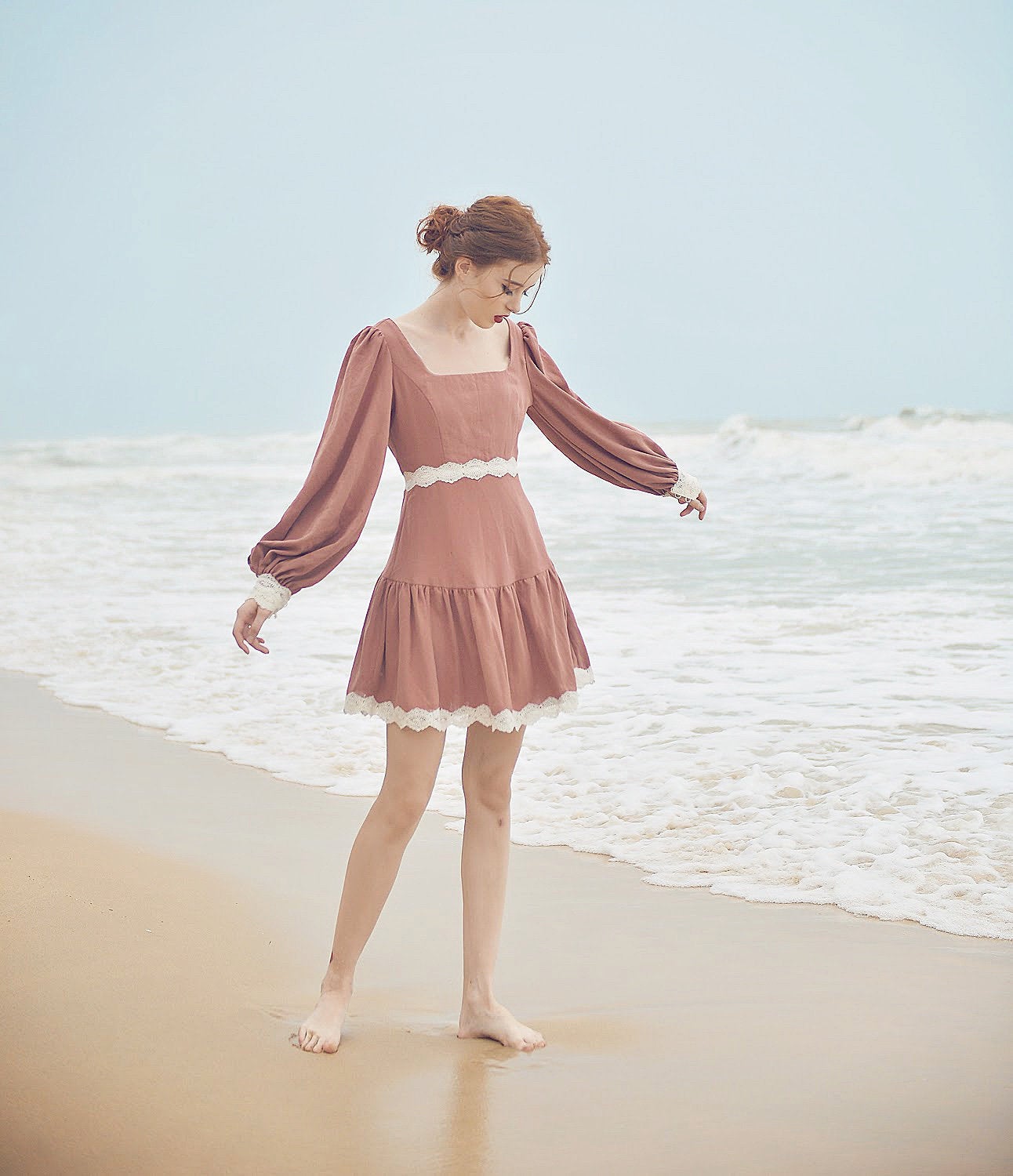 Cotton Dress Long Sleeves - Vintage Style Dress - Cotton Linen Midi Dress
