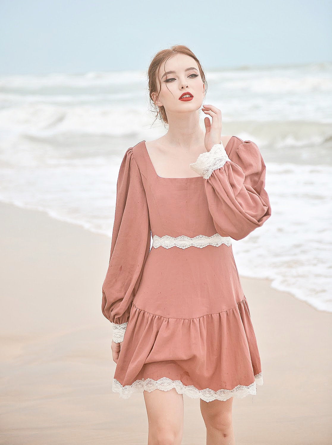 Cotton Dress Long Sleeves - Vintage Style Dress - Cotton Linen Midi Dress