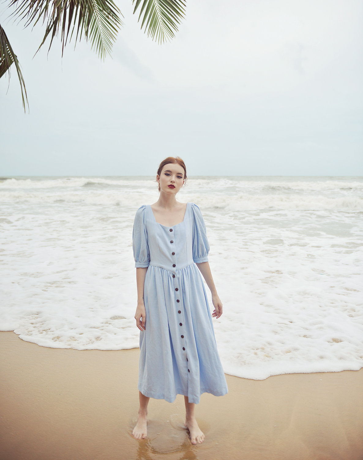 Midi Linen Dress Buttons - Linen Dress with Pockets - Half Sleeve Dress - Women Linen Dress - Cotton Mid-calf Dress