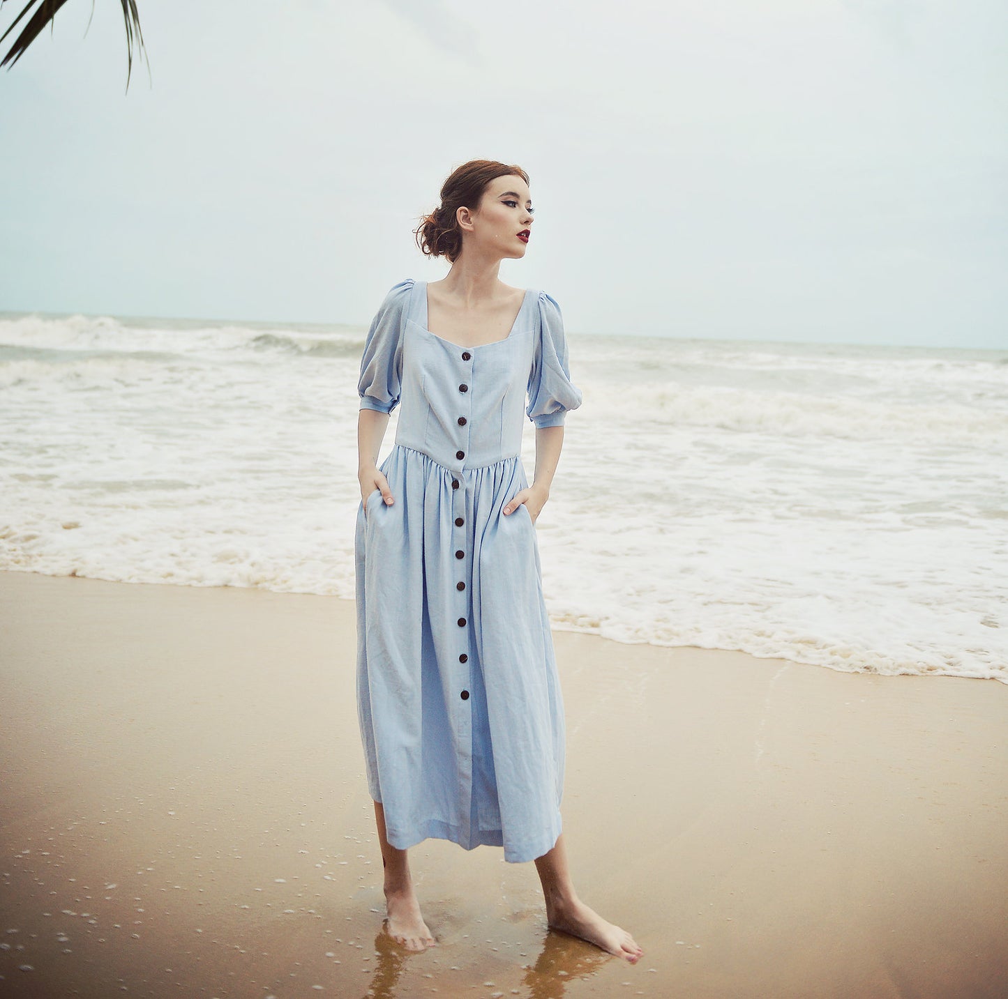 Midi Linen Dress Buttons - Linen Dress with Pockets - Half Sleeve Dress - Women Linen Dress - Cotton Mid-calf Dress