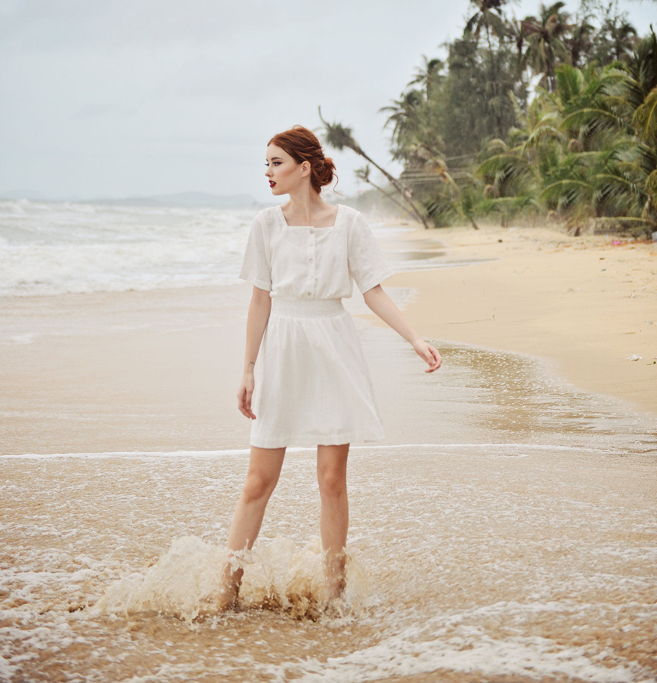 Cotton Mini Dress - White Linen Dress - Summer White Dress - Square neck - Short Sleeves - Button Down