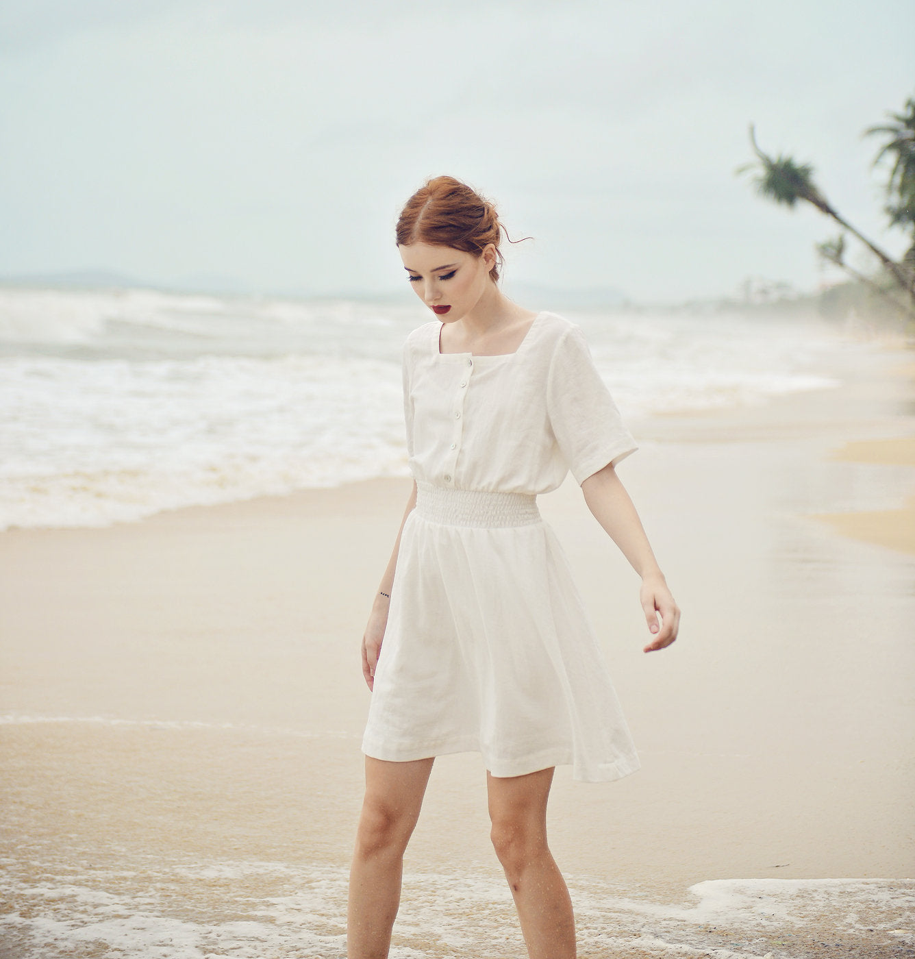 Cotton Mini Dress - White Linen Dress - Summer White Dress - Square neck - Short Sleeves - Button Down