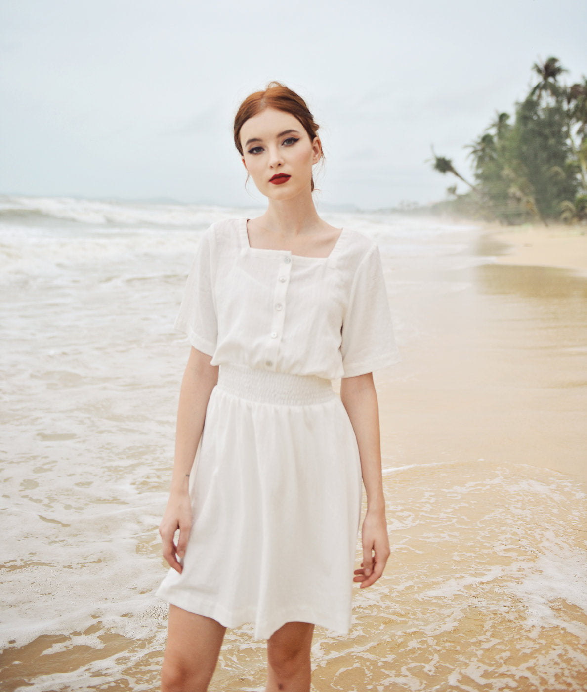 Cotton Mini Dress - White Linen Dress - Summer White Dress - Square neck - Short Sleeves - Button Down