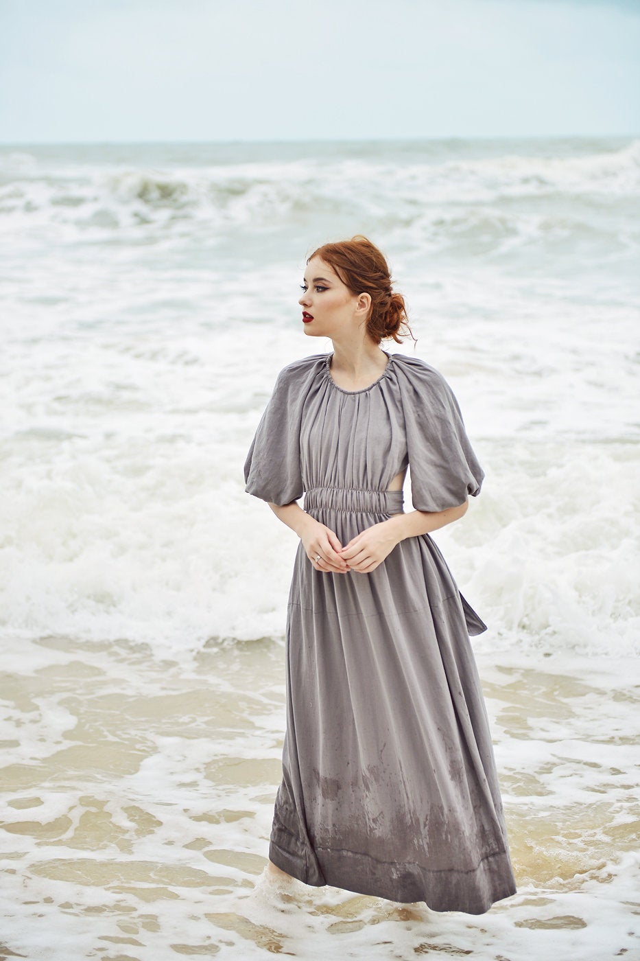 Open Back Linen Sundress - Linen Summer Maxi Dress - Backless Cotton Dress - Balloon Sleeves Dress - Bridesmaids Dress