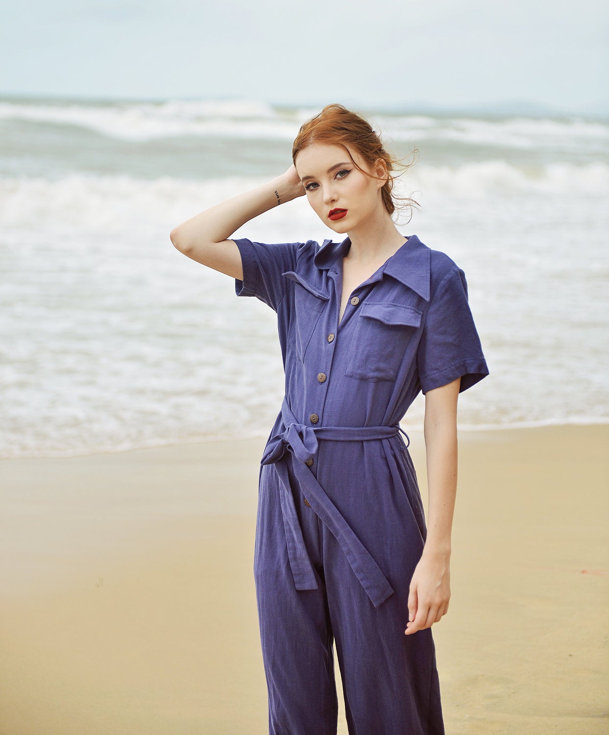 Women Casual Jumpsuit with Buttons - Linen Women Overalls - Cotton Romper with Short Sleeves