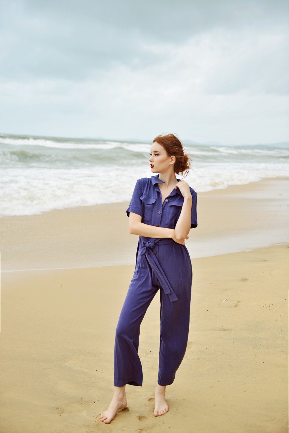 Women Casual Jumpsuit with Buttons - Linen Women Overalls - Cotton Romper with Short Sleeves