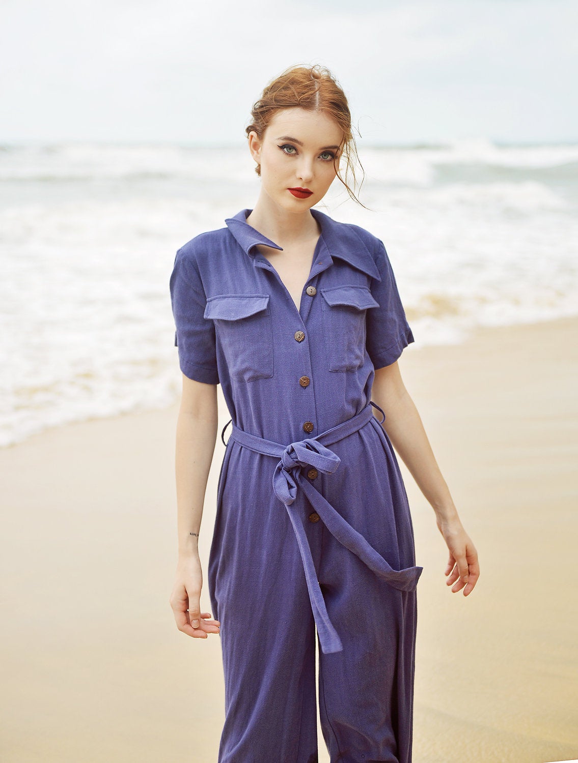 Women Casual Jumpsuit with Buttons - Linen Women Overalls - Cotton Romper with Short Sleeves