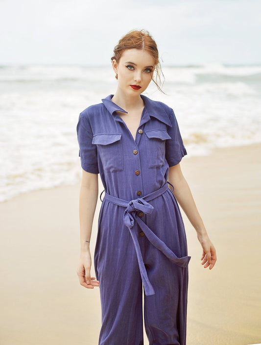 Women Casual Jumpsuit with Buttons - Linen Women Overalls - Cotton Romper with Short Sleeves