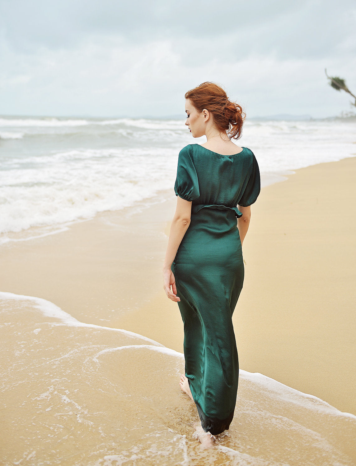 Maxi Silk Dress - Emerald Silk Dress - Silk Dress with Sleeves - Bridesmaids Silk Dress - Long Silk Gown