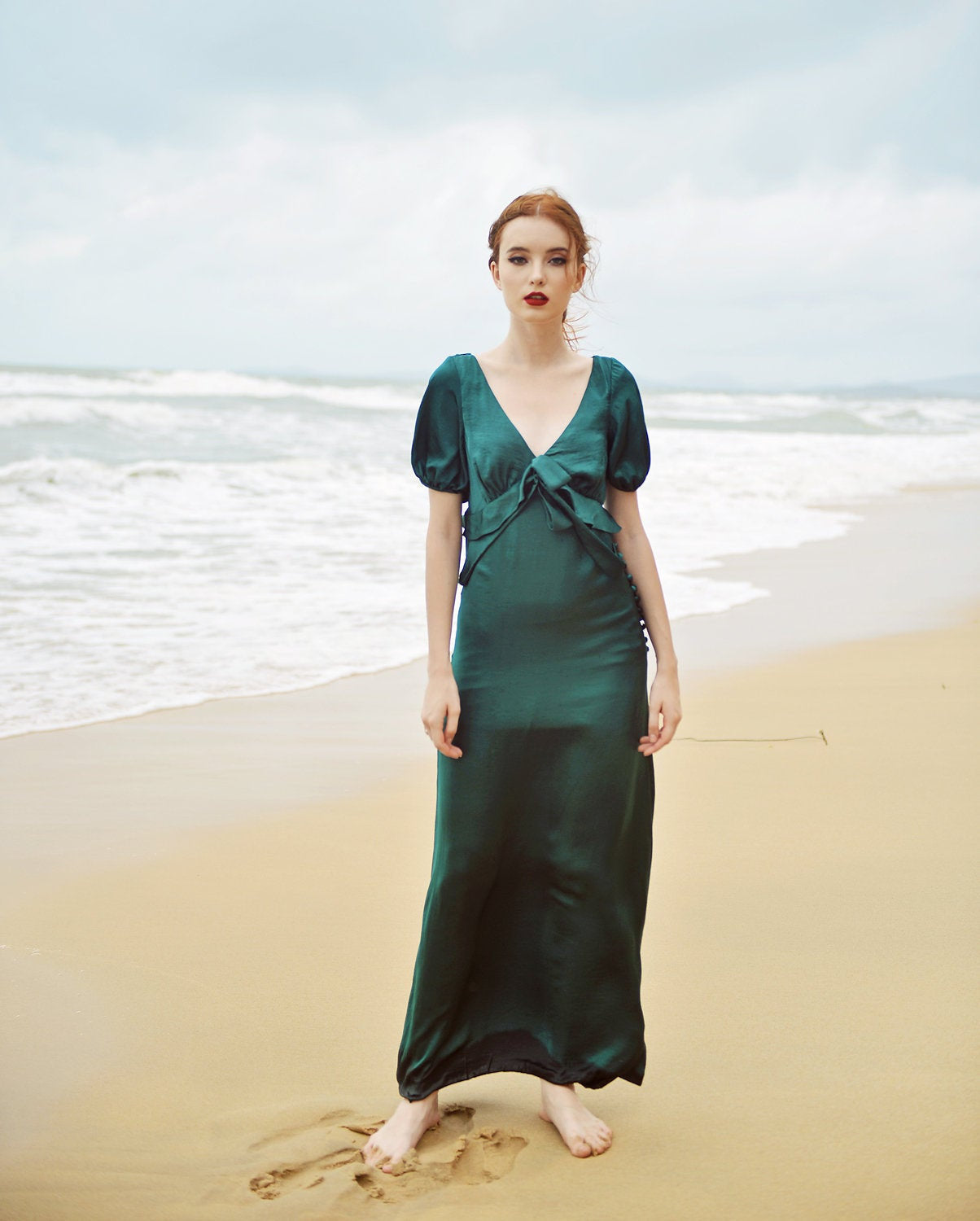 Maxi Silk Dress - Emerald Silk Dress - Silk Dress with Sleeves - Bridesmaids Silk Dress - Long Silk Gown