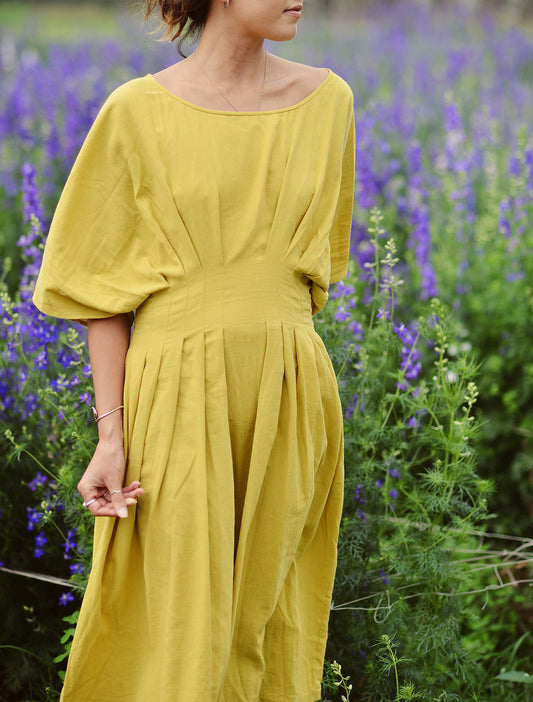 Linen Dress - Cotton Summer Dress - Women Midi Dress - Pleated Dress