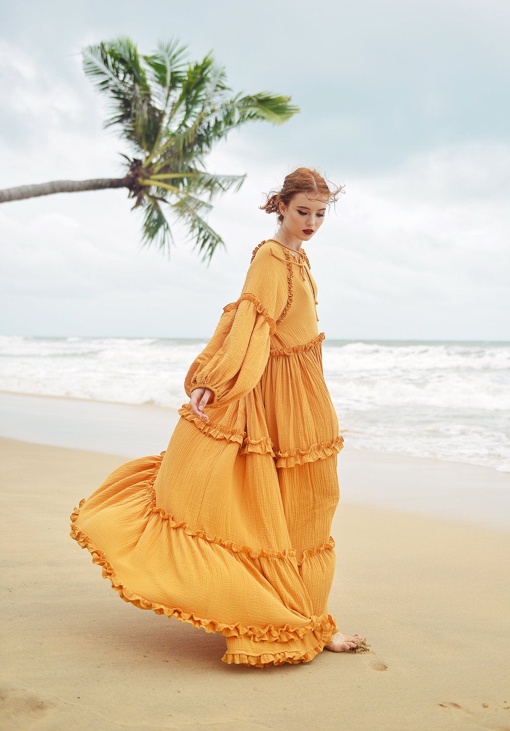 Maxi Cotton Dress - Long Sleeves Gauze Cotton Dress - Gauze Beach Dress