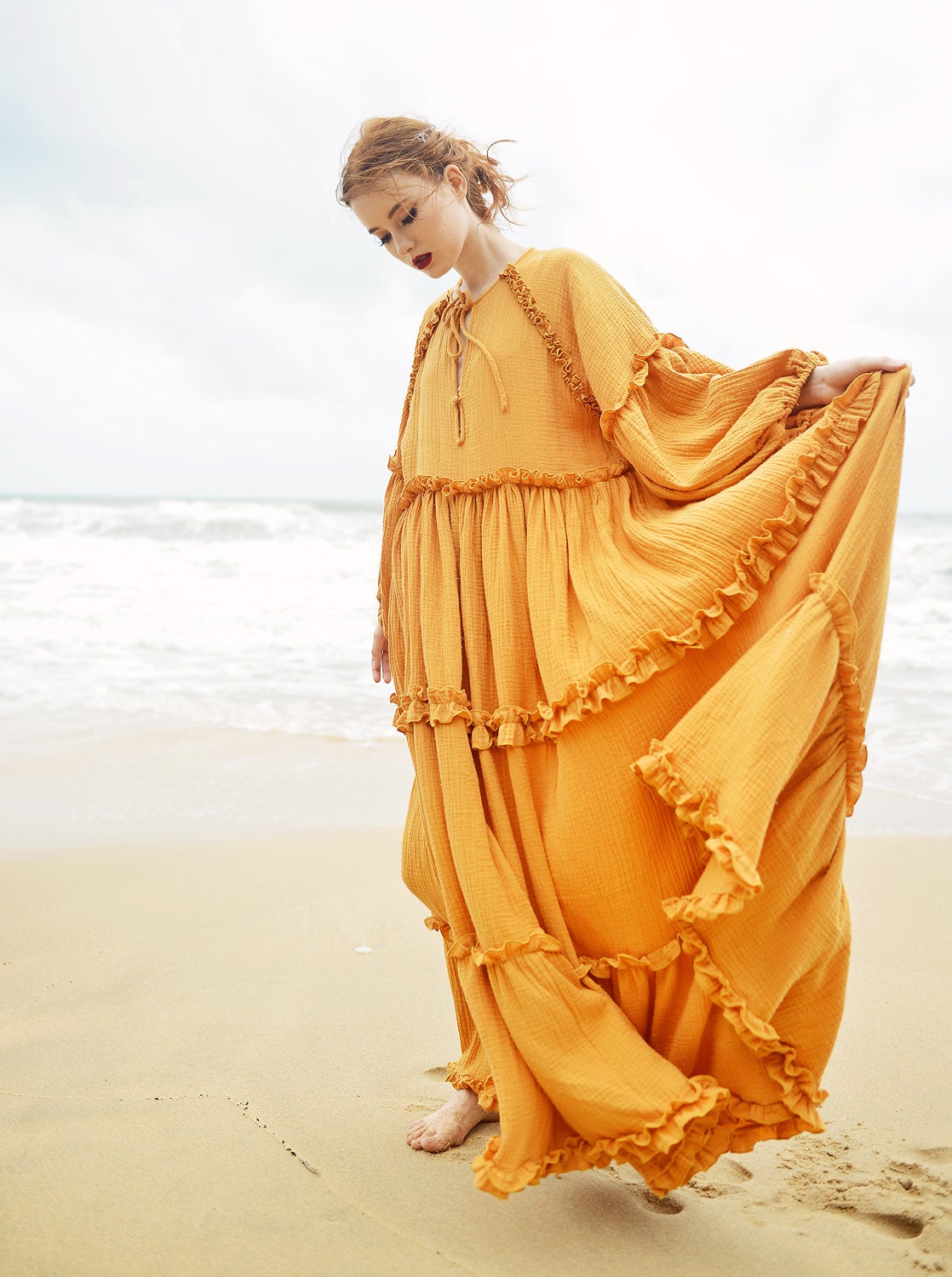 Maxi Cotton Dress - Long Sleeves Gauze Cotton Dress - Gauze Beach Dress