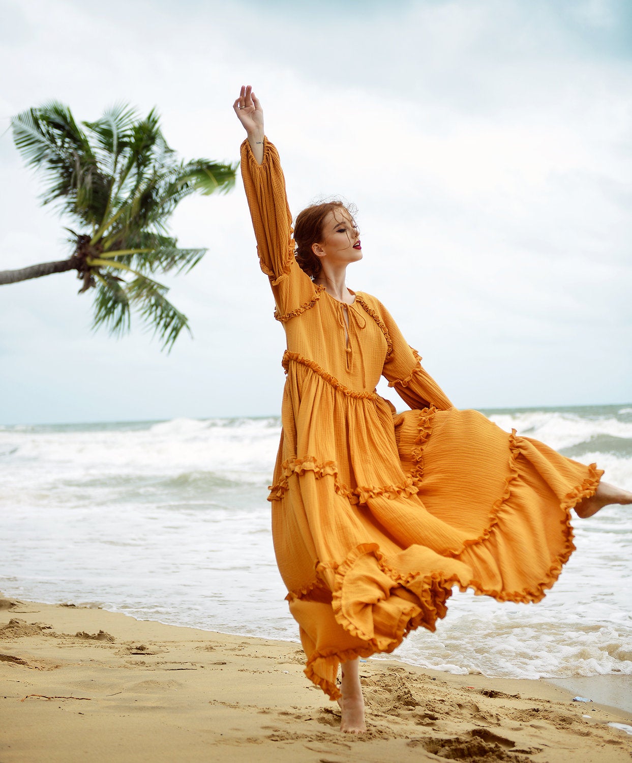 Maxi Cotton Dress - Long Sleeves Gauze Cotton Dress - Gauze Beach Dress