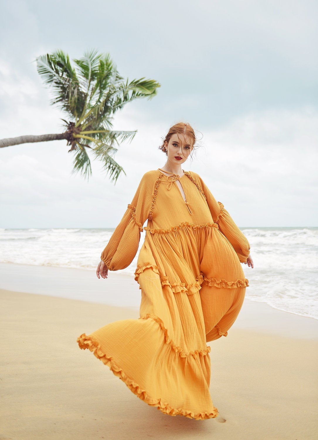 Maxi Cotton Dress - Long Sleeves Gauze Cotton Dress - Gauze Beach Dress
