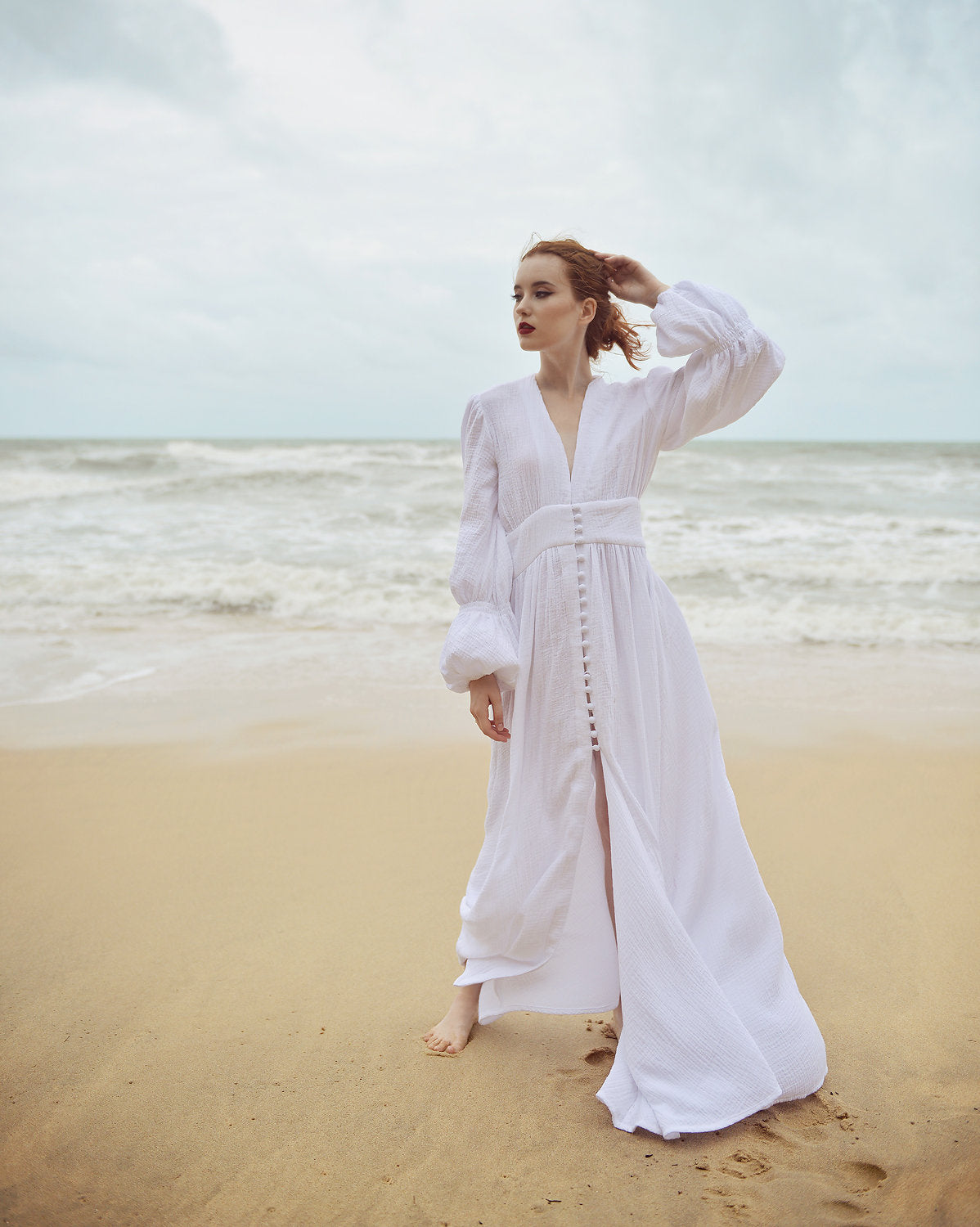 White Cotton Long Dress - Balloon Sleeves Cotton Dress - Gauze Cotton Dress - Maxi Cotton Bridesmaids Dress