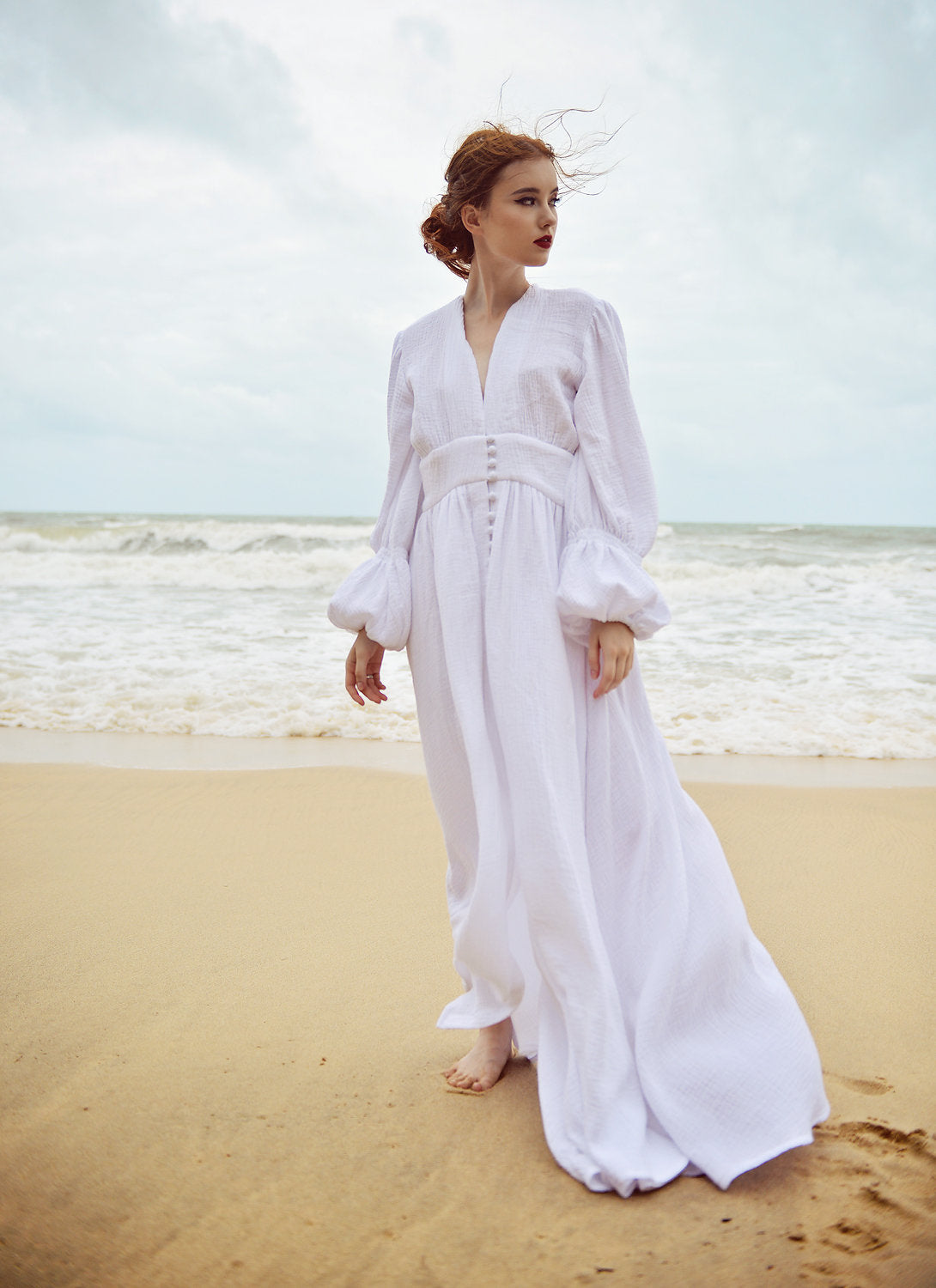 White Cotton Long Dress - Balloon Sleeves Cotton Dress - Gauze Cotton Dress - Maxi Cotton Bridesmaids Dress