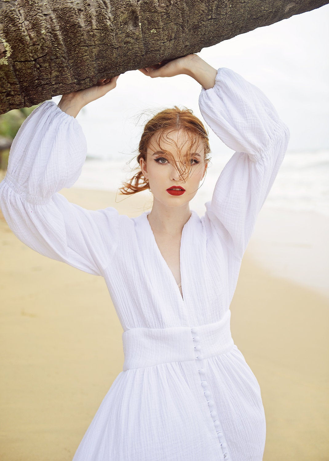 White Cotton Long Dress - Balloon Sleeves Cotton Dress - Gauze Cotton Dress - Maxi Cotton Bridesmaids Dress