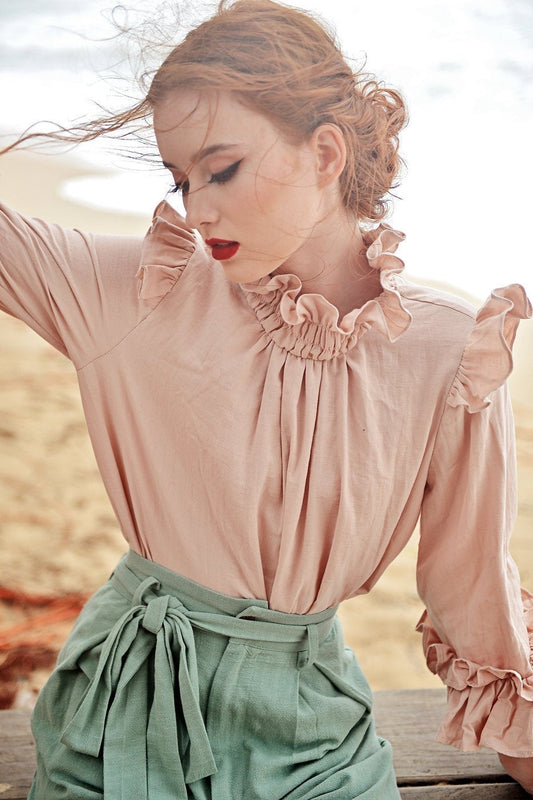 Cotton Blouse Women - Long Sleeves Winter Blouse - Linen Cotton Top Women - Unique Victorian Design - Vintage Style Blouse
