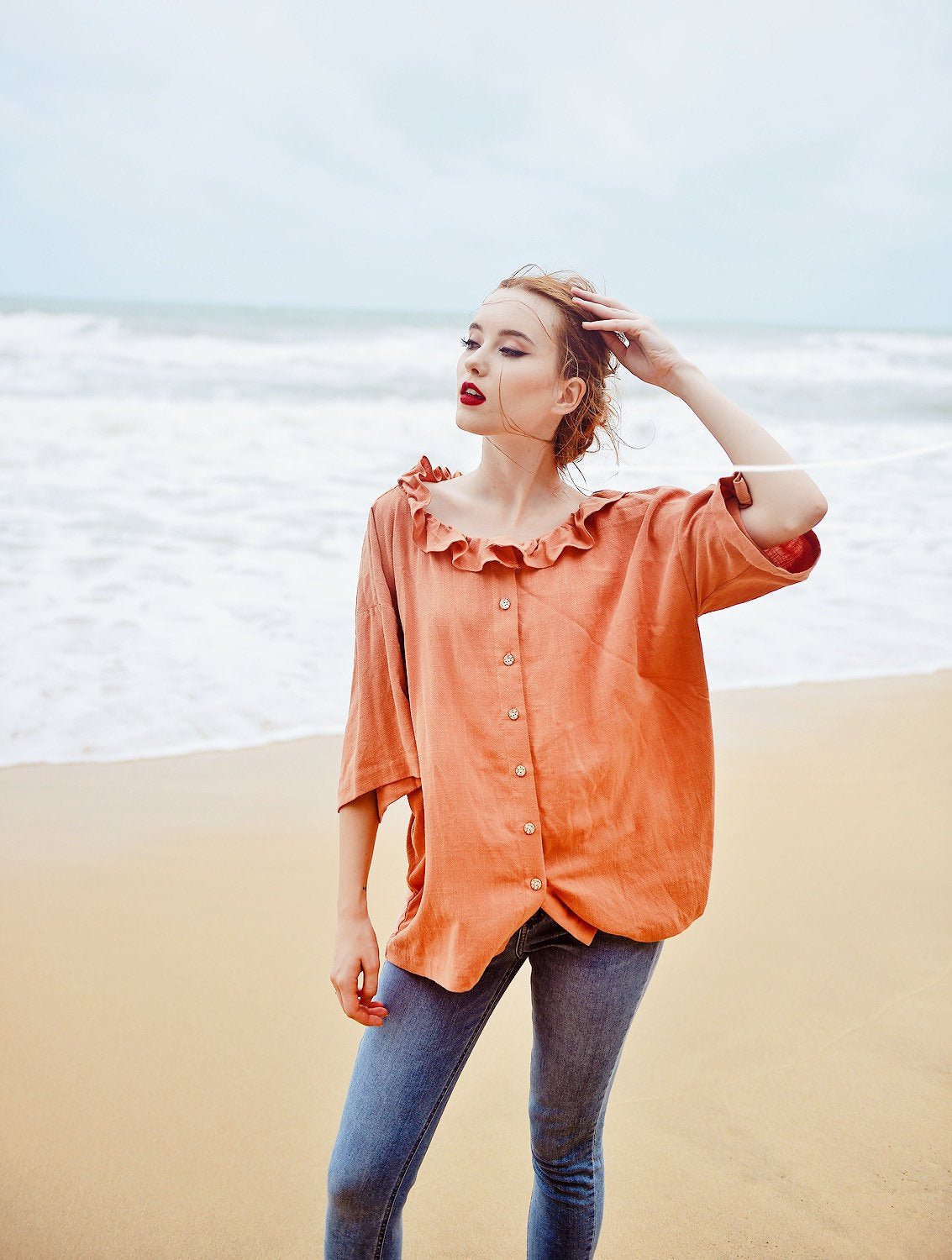 Linen Shirt Long Sleeves - Linen Cotton Blouse - Women Collar Shirt - Organic Cotton Clothes