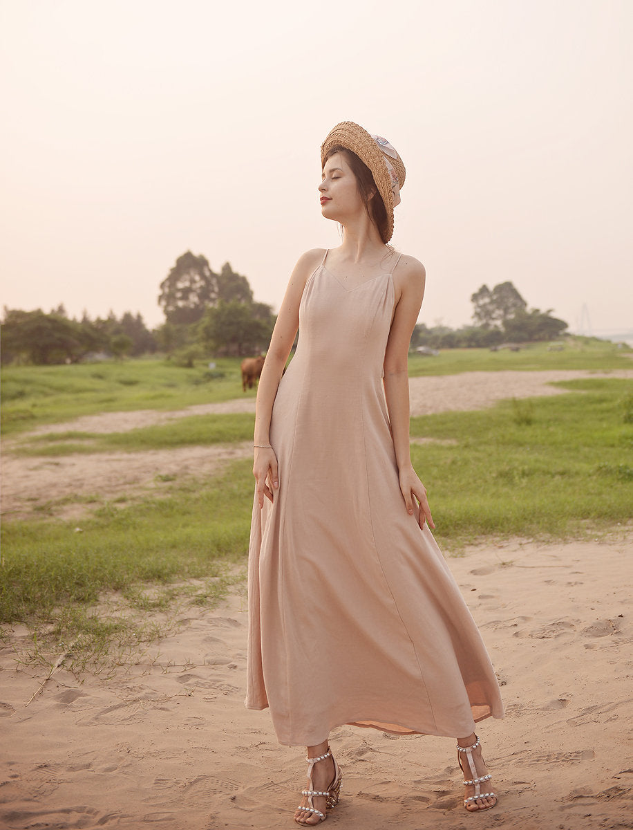 Open back Cotton Dress - Cotton Full Length Dress - Openback Linen Dress - Natural Fabric