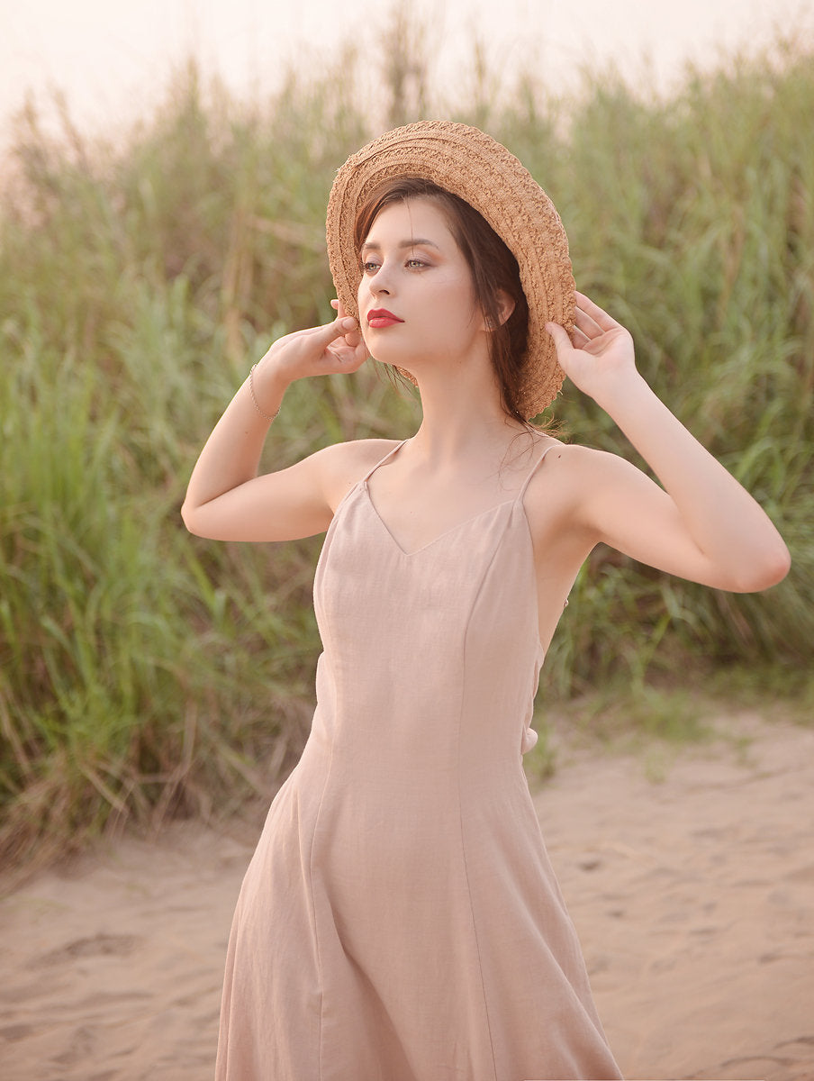 Open back Cotton Dress - Cotton Full Length Dress - Openback Linen Dress - Natural Fabric