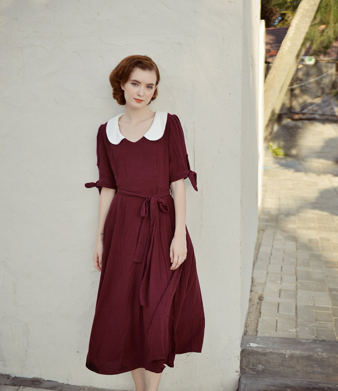 Women Aline Dress - White Collar - Vintage Style Gown - Organic Clothing - Organic Cotton