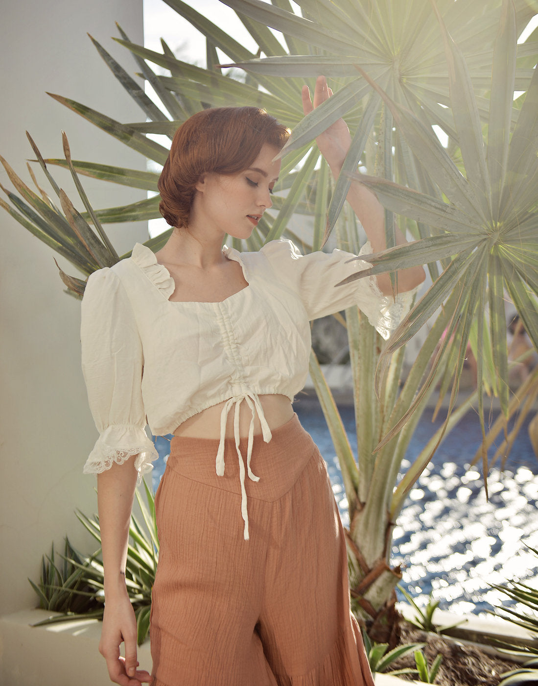Crop Top Women - Lace Sleeve Cotton Top - Linen Top Women - Cotton Top Sleeves - Natural Fabric