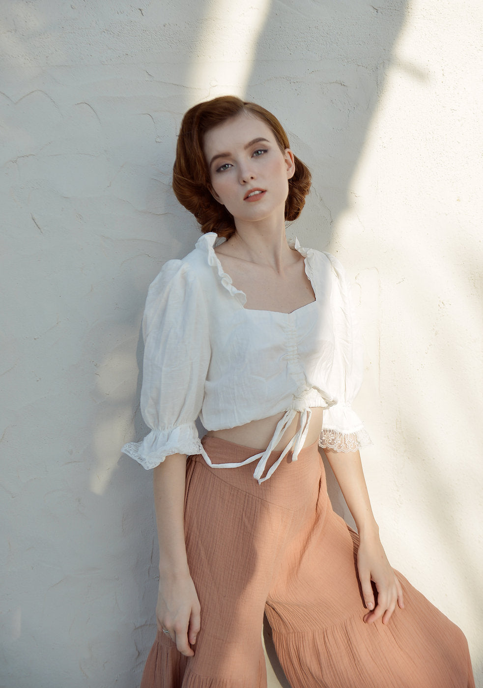 Crop Top Women - Lace Sleeve Cotton Top - Linen Top Women - Cotton Top Sleeves - Natural Fabric
