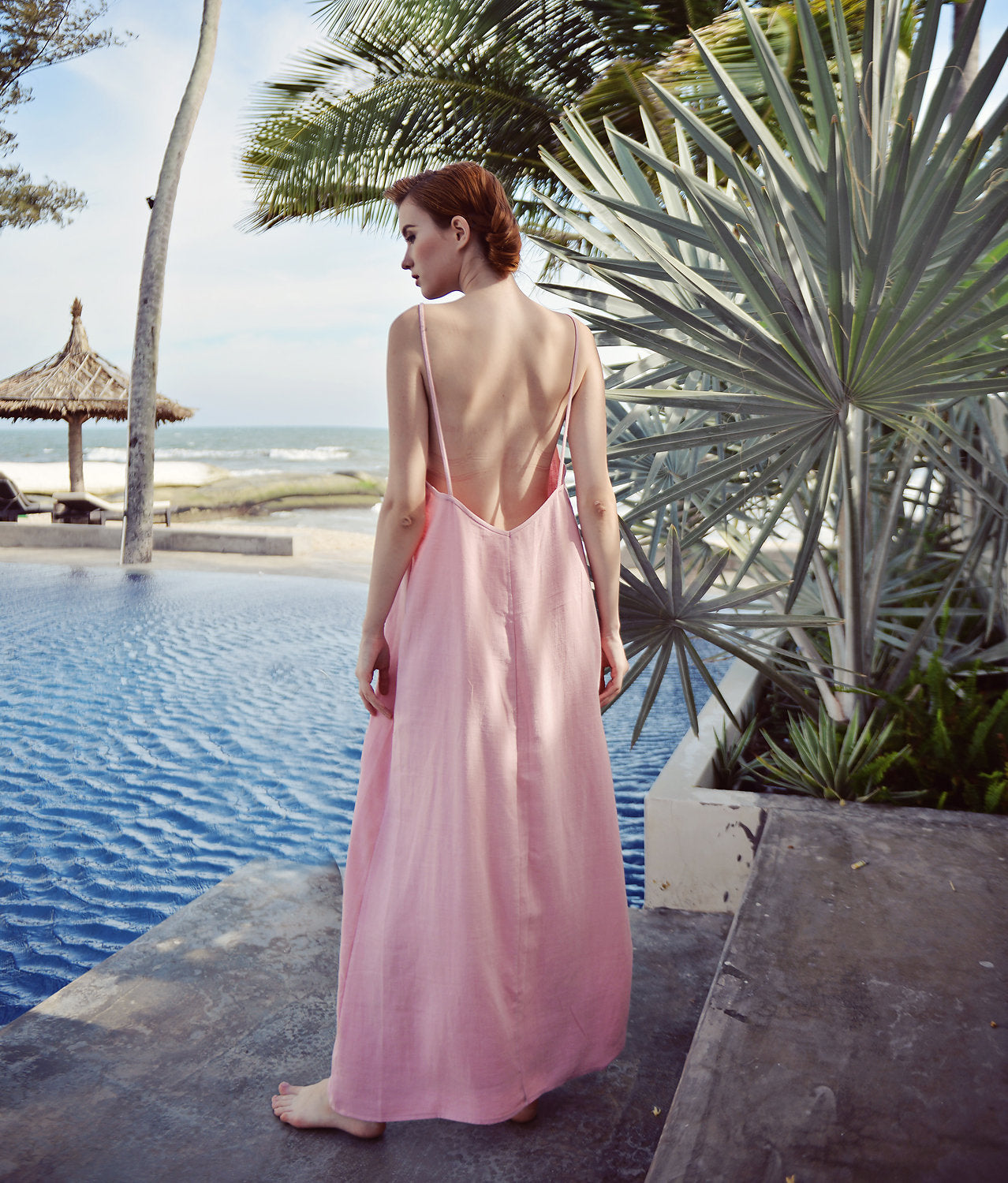 Linen Dress Long - Women Linen Dress - Maxi Cotton Dress - Open back Summer Dress