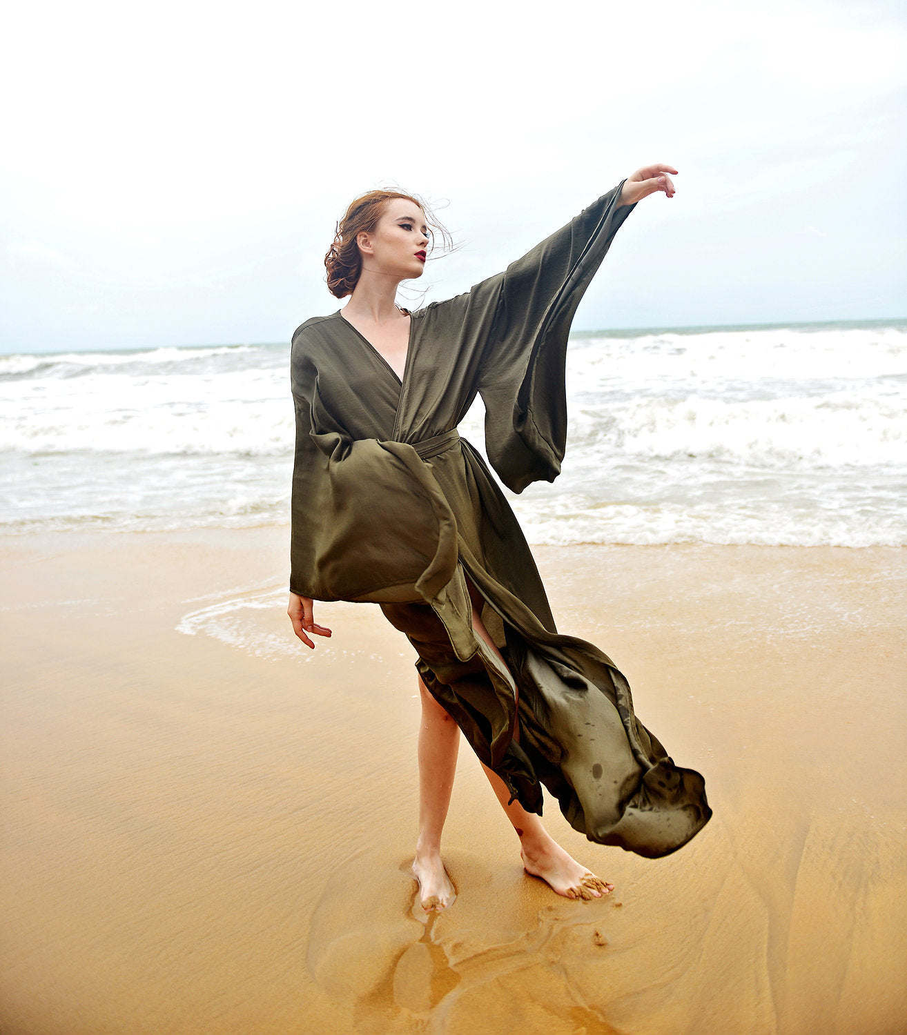 Silk Robe Kimono Sleeves - Bridal Long Robe - Getting Ready Robe - Floor Length Gown - Long Dressing Gown - Long Sleeve Wedding Robe