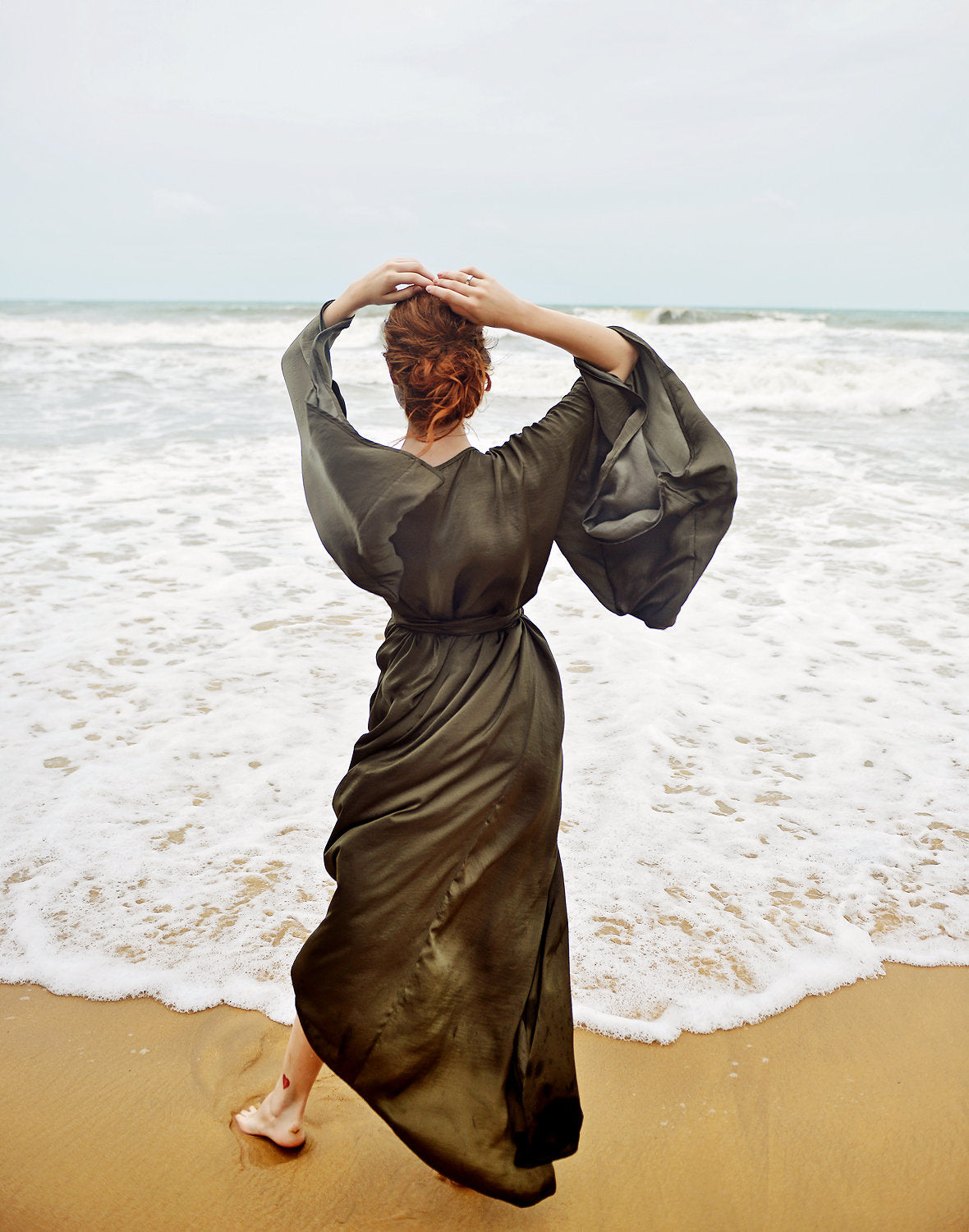 Silk Robe Kimono Sleeves - Bridal Long Robe - Getting Ready Robe - Floor Length Gown - Long Dressing Gown - Long Sleeve Wedding Robe