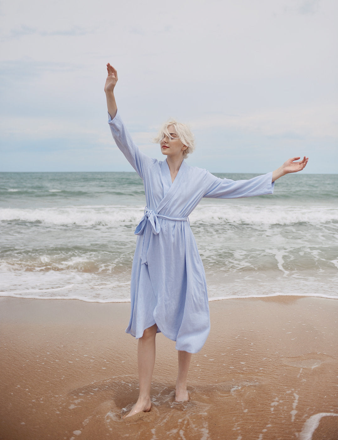 Women Robe Linen - Long Sleeves Linen Robe - Knee Length Cotton Robe