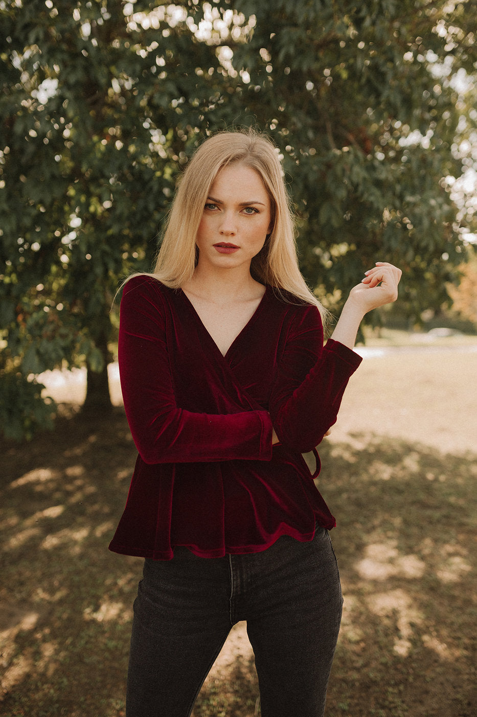 Wrap Top Women - Long Sleeve Blouse - Velvet Blouse Women - Fall Top Blouse